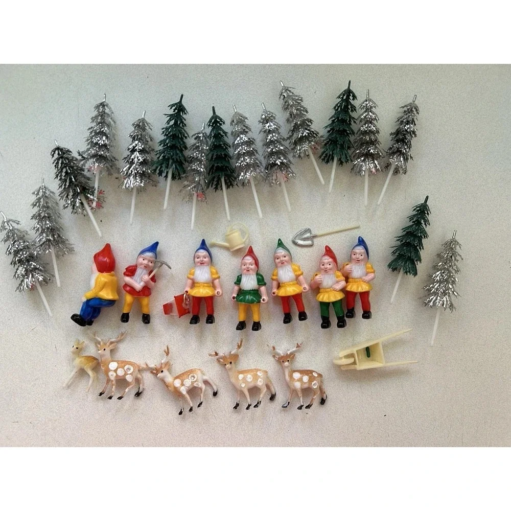 Vintage Seven Dwarves - Elves - Garden Gnomes And Trees Cupcake / Cake Toppers